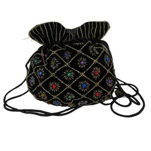 Vintage Art Deco Black Velvet Beaded Drawstring Bag